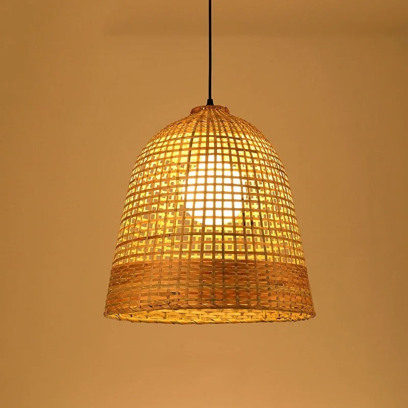 Aesthetic cafe bamboo hanging lamp cluster creating a cozy, tropical resort-like ambiance with sustainable lighting.