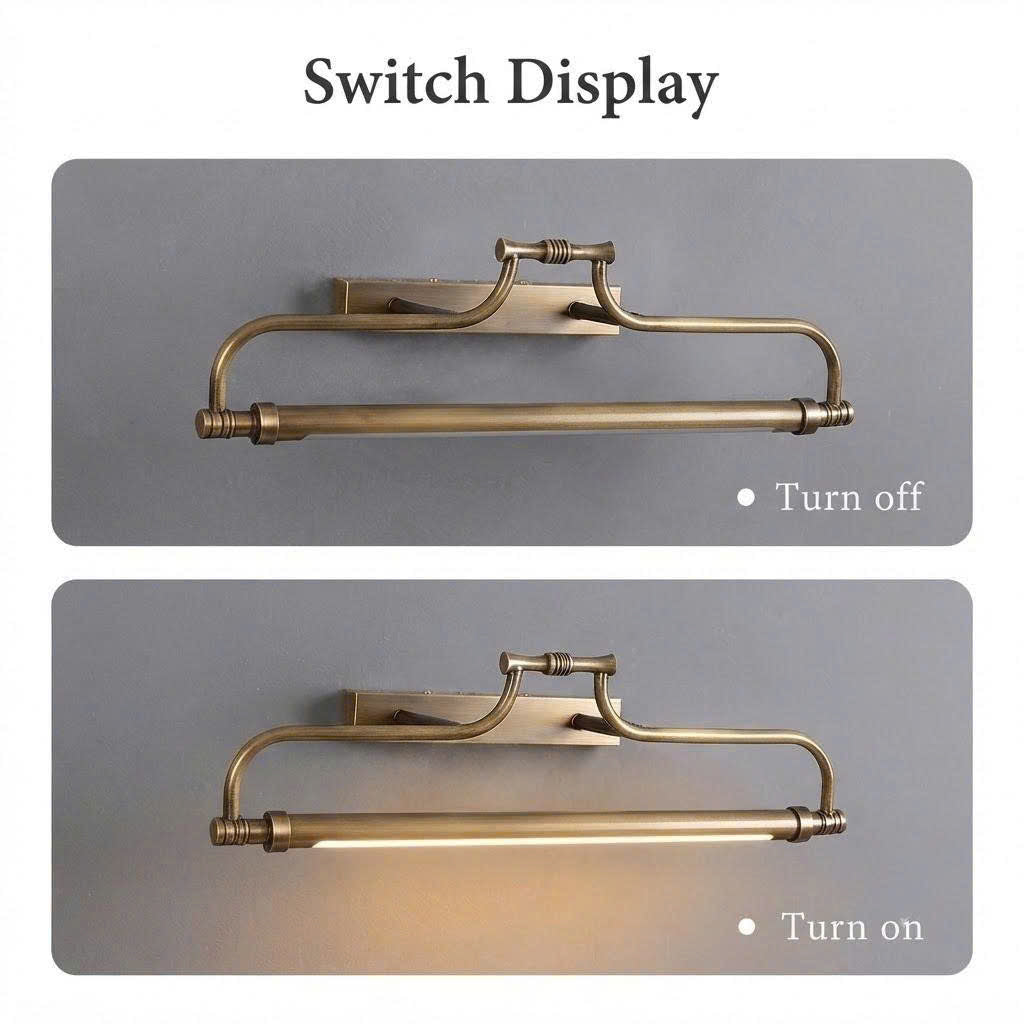 A product demonstration graphic titled 'Switch Display' showing a brass wall-mounted switch with a horizontal bar, shown in two states: off at the top and on at the bottom, emitting a warm light. The top state is labeled 'Turn off' and the bottom state is labeled 'Turn on'.