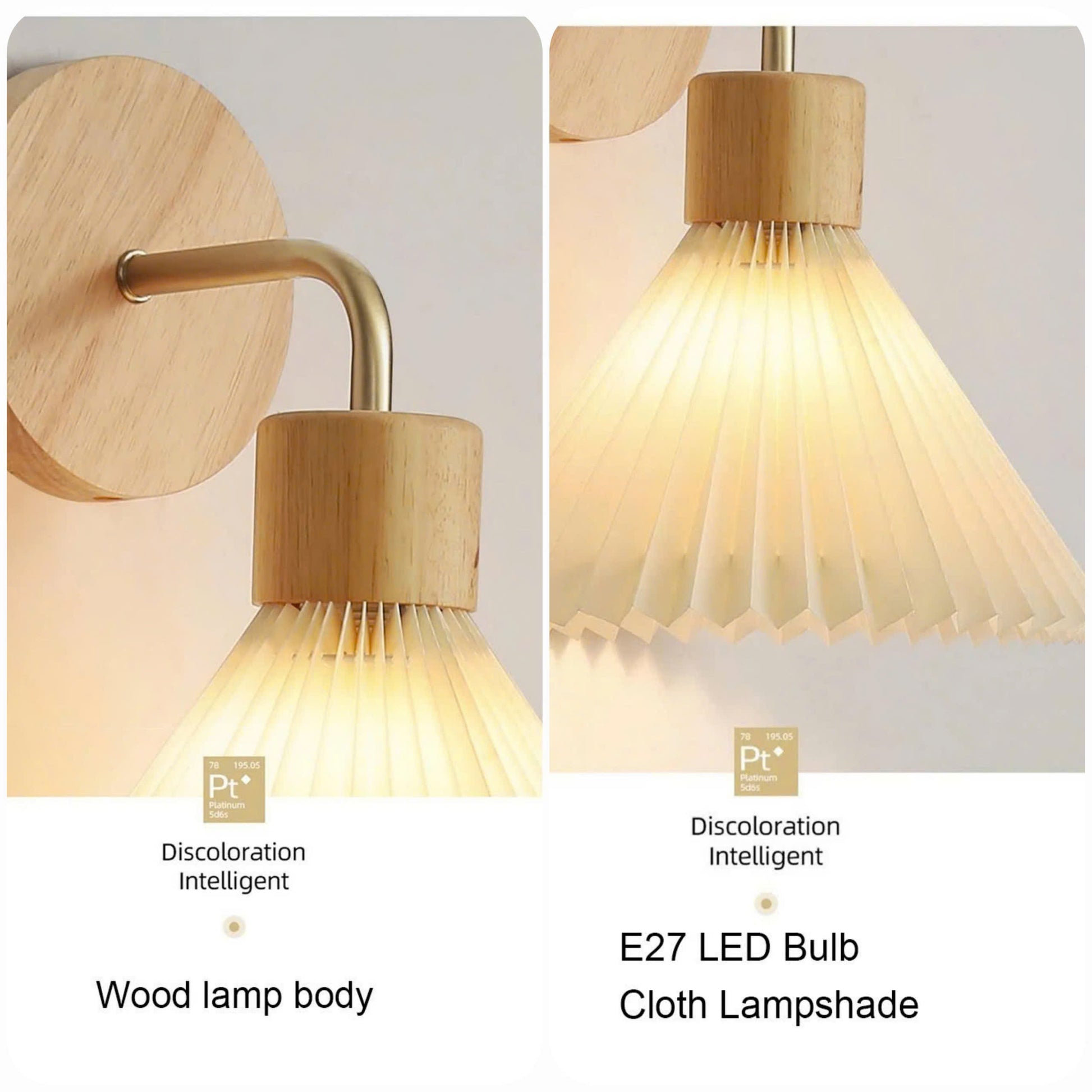 A split-panel product image showing a wall-mounted light fixture with a round wood backplate, curved brass arm, and pleated fabric lampshade. The left panel shows the wood lamp body, and the right panel shows the illuminated cloth lampshade.