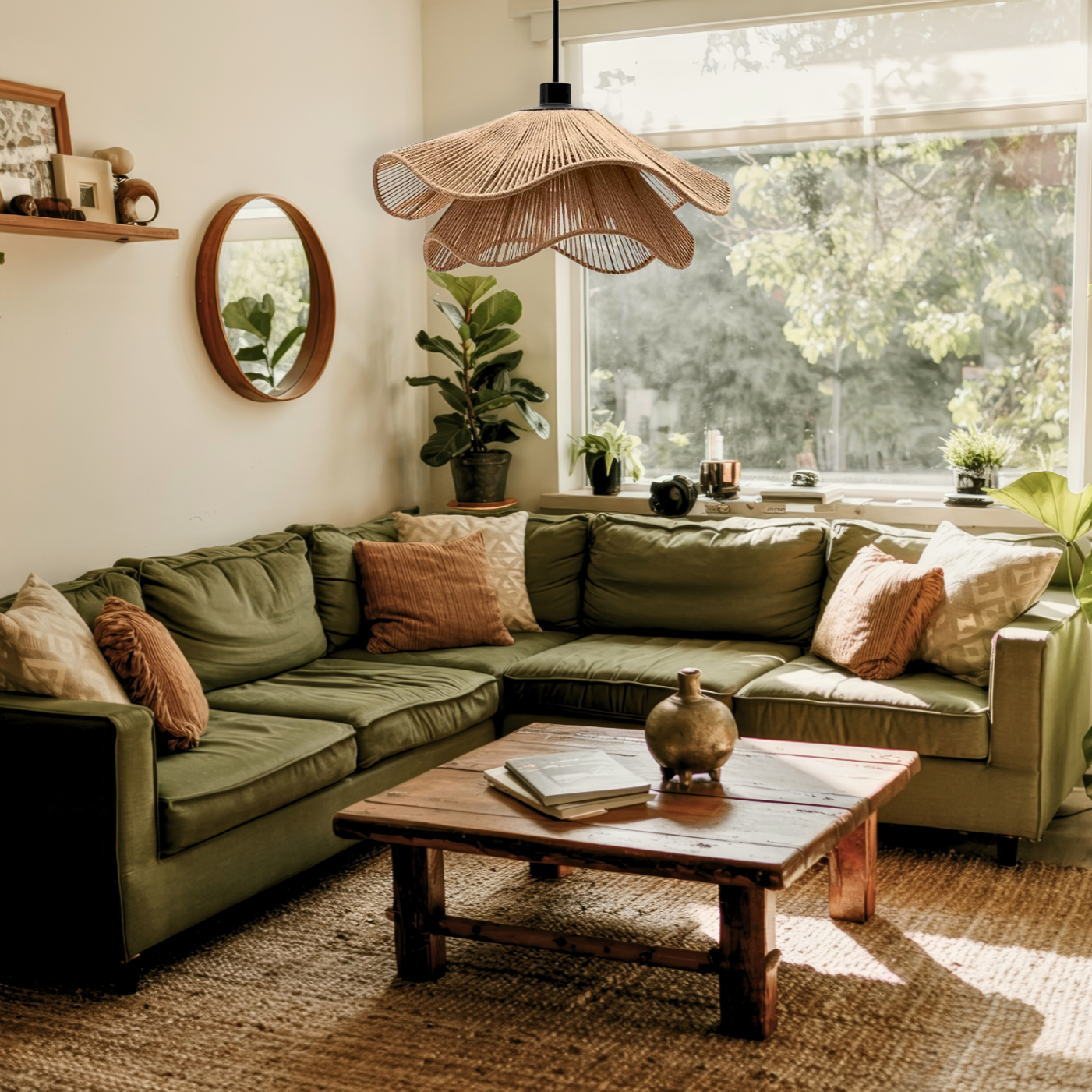 Japandi style natural hemp ceiling lamp with warm glow