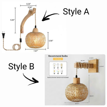 Product comparison graphic showing two hanging pendant light styles with dimensions and bulb recommendations. Style A shows a curved wooden arm with a woven rattan shade and cord; Style B shows a wall-mounted wooden bracket with the same shade.