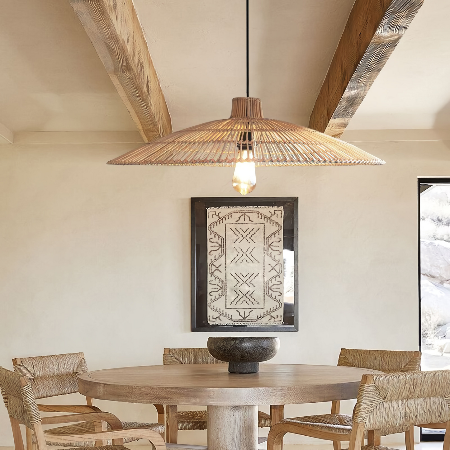 Japandi style woven cone lamp, bringing a serene, wabi-sabi balance to modern living spaces.