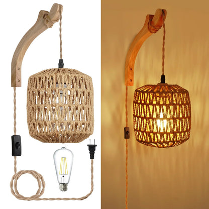 Woven wall lamp with wooden arm and coiled cable, alongside a lit version on a warm background.
