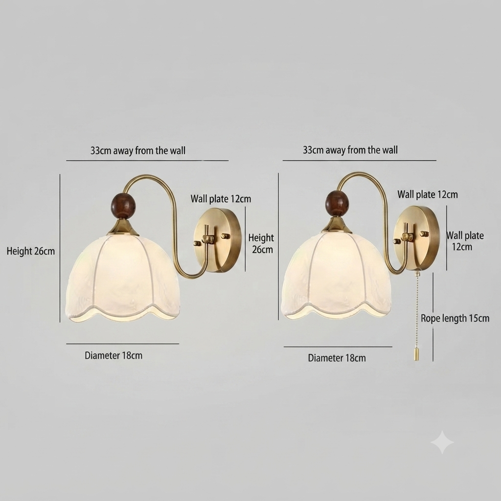 Two views of a wall-mounted light fixture with dimension labels showing measurements such as 33cm from the wall, height 26cm, wall plate 12cm, diameter 18cm, and rope length 15cm, on a plain gray background.