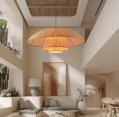 Japandi living room rattan pendant completing an organic modern home environment with a bright, airy window backdrop.