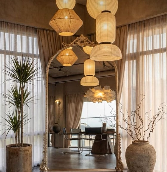 Japandi style rice paper chandelier with black accents for minimalist homes