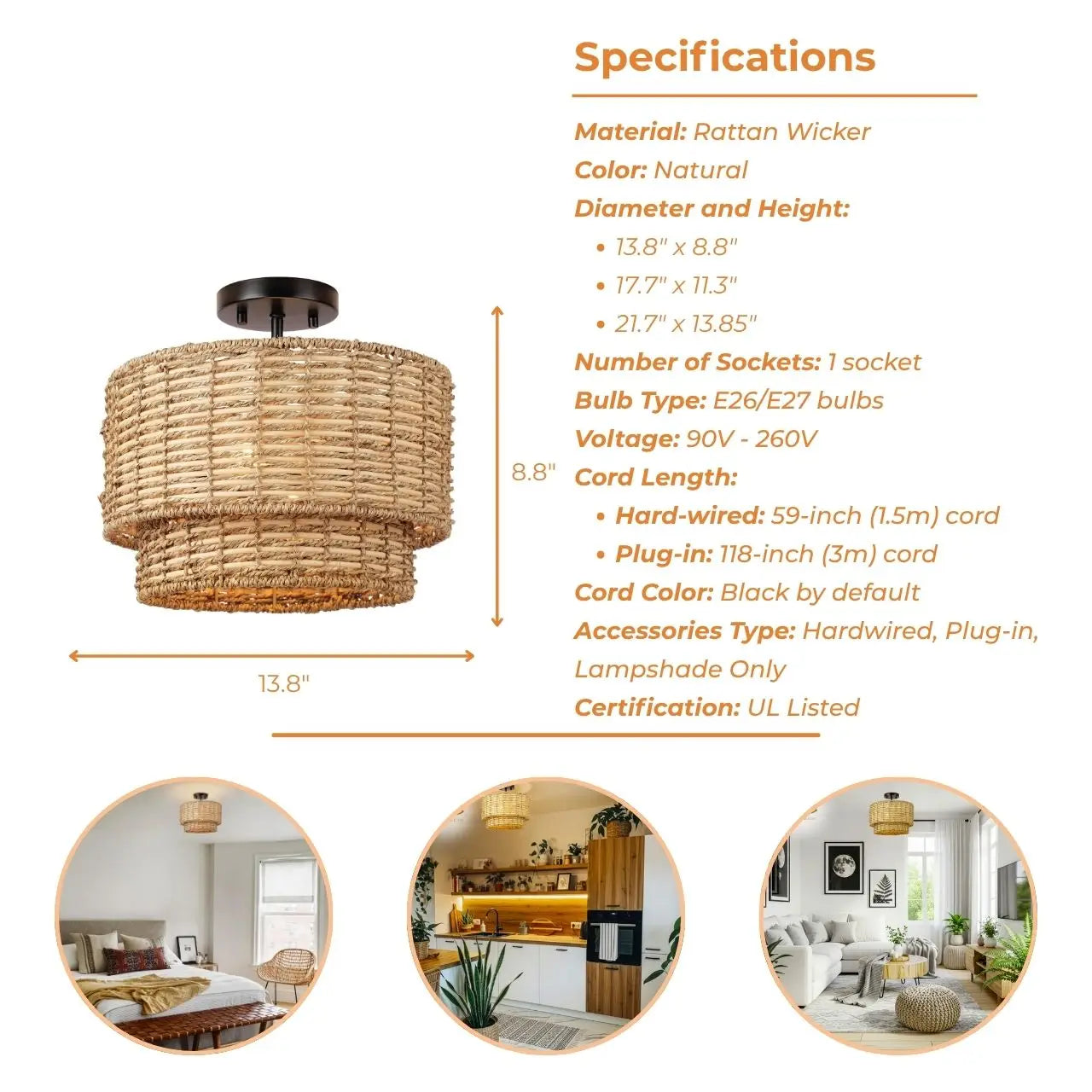 Japandi minimalist seagrass ceiling fixture, blending clean design with natural textures for a zen-inspired home