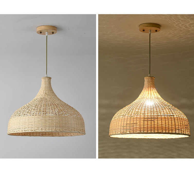 Premium Japandi multi-pendant chandelier set with four distinct woven bamboo fixtures for an airy living room