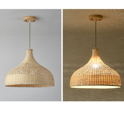 Premium Japandi multi-pendant chandelier set with four distinct woven bamboo fixtures for an airy living room