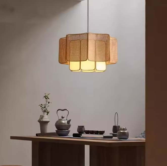 Zen-inspired Japandi pendant lamp, organic rattan for modern home decor, tiered shape.