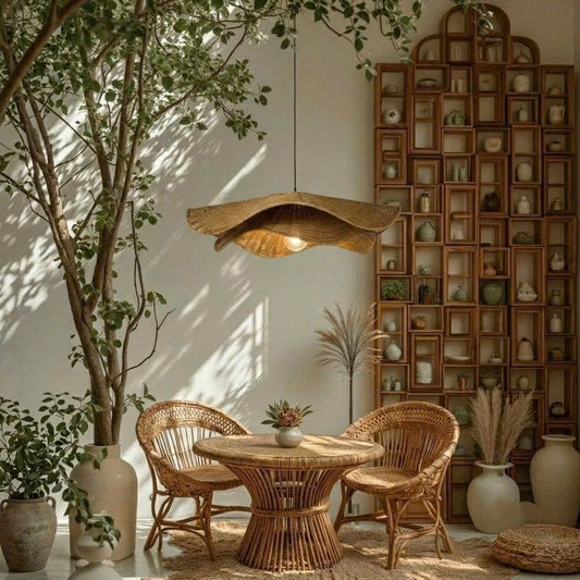 Zen-inspired Japandi pendant lamp, organic rattan for modern home decor, wavy shape.