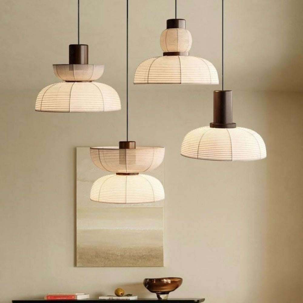 Japandi style rice paper chandelier set with black accents for minimalist interiors