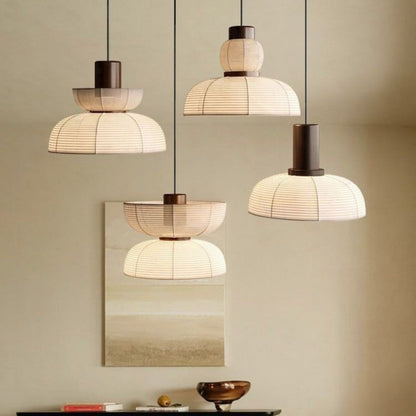 Japandi style rice paper chandelier set with black accents for minimalist interiors