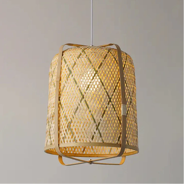 Japandi decor pendant light, organic bamboo design for serene minimalist living, cylinder frame.