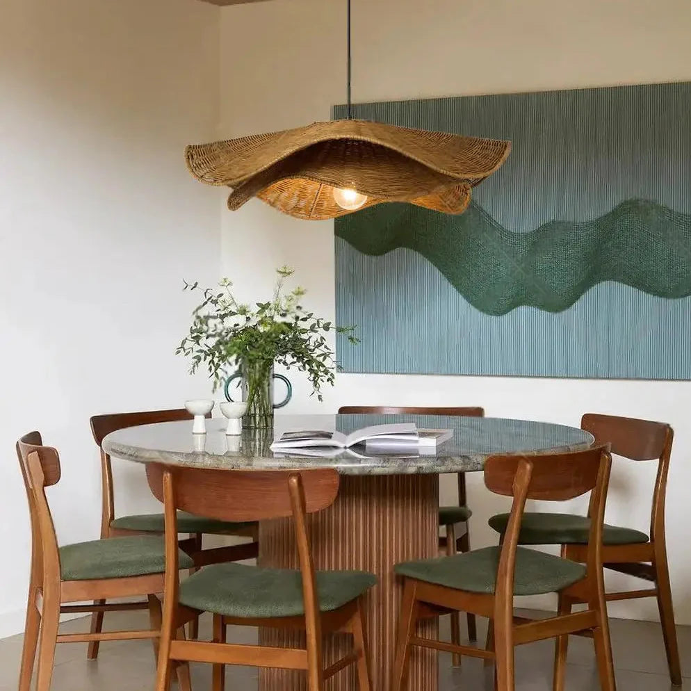 Sculptural Japandi light, modern rattan fixture for minimalist and zen spaces, wavy form.