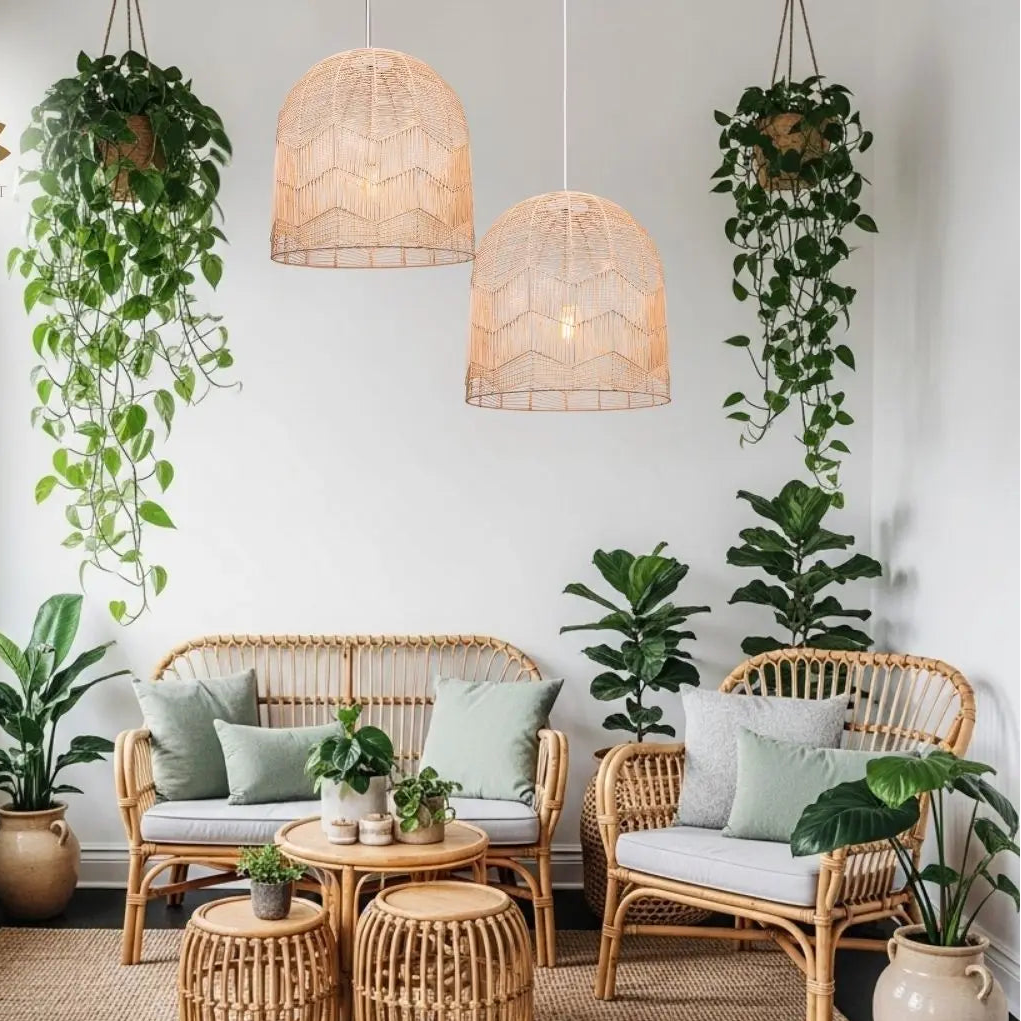 Minimalist Japandi straw weave pendant lamp throwing a warm glow in a cozy, neutral-toned room.