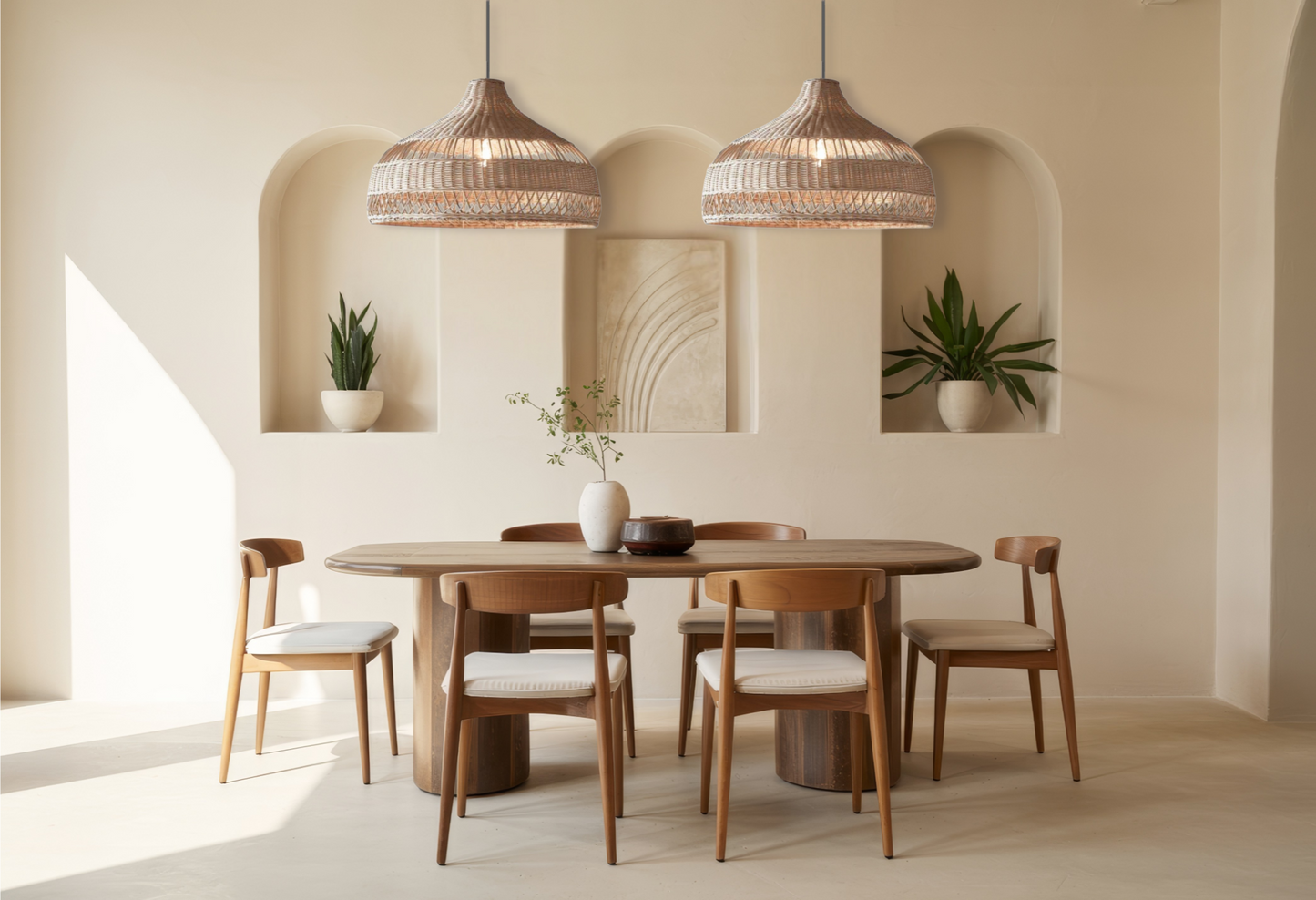 Minimalist Wabi-Sabi bamboo bell light fixture matching beautifully with neutral home decor tones, raw woods, and ceramic arts.