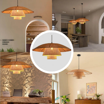 Minimalist Wabi-Sabi tiered bamboo light pairing beautifully with neutral home decor tones, light woods, and ceramic tea bowls