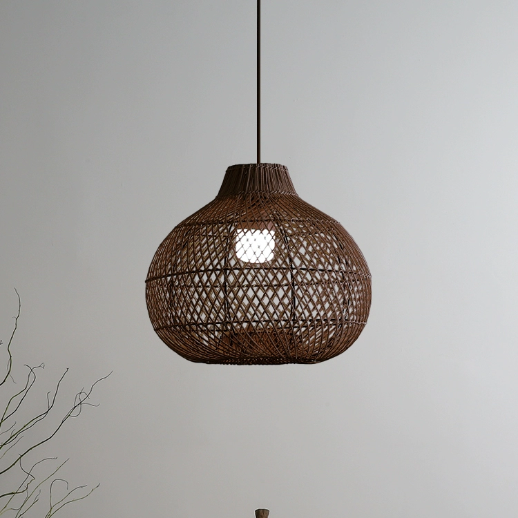 Japandi aesthetic pendant light set, wabi-sabi rattan design for zen home spaces.