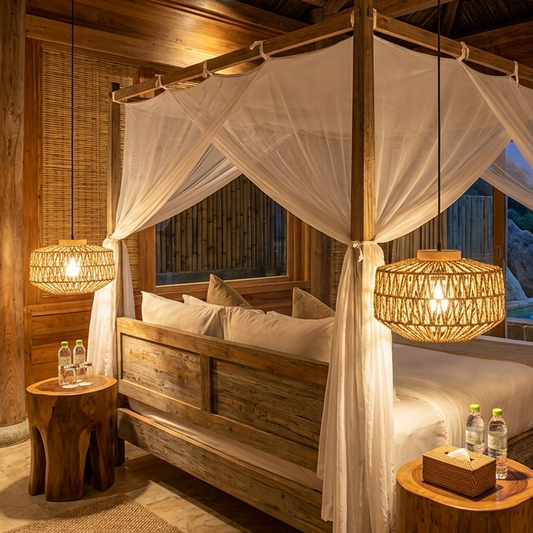 Cozy jute flush mount light installed in a Bed Room of Resort, creating a warm and grounded ambiance.
