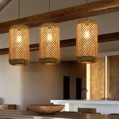 Jute woven pendant light fixture hanging above a kitchen island