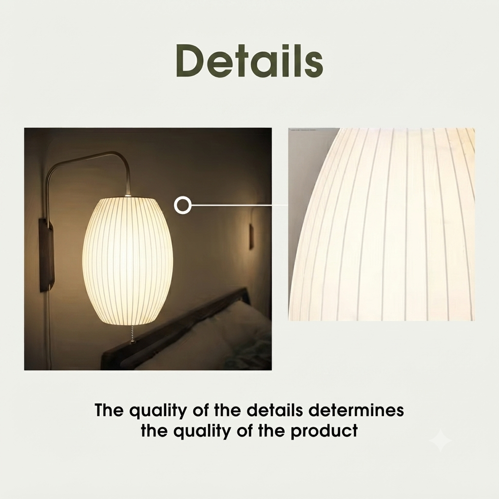Details section showing a close-up of a ribbed white wall lamp shade illuminated, alongside a lifestyle inset of the lamp mounted on a wall above a bed. Text reads 'Details' and 'The quality of the details determines the quality of the product'.