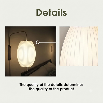 Details section showing a close-up of a ribbed white wall lamp shade illuminated, alongside a lifestyle inset of the lamp mounted on a wall above a bed. Text reads 'Details' and 'The quality of the details determines the quality of the product'.