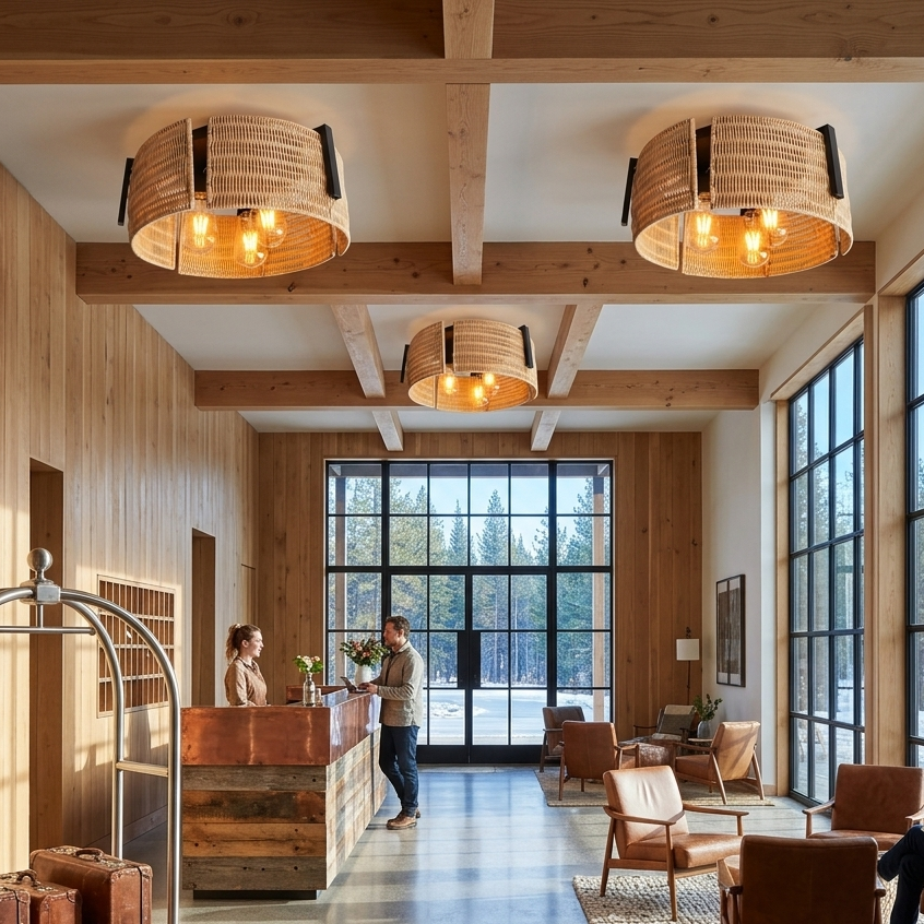 Large, dramatic rattan light making a bold design statement in a high-end boutique hotel lobby.