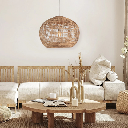 Large round rattan pendant lamp enhancing living room home decor