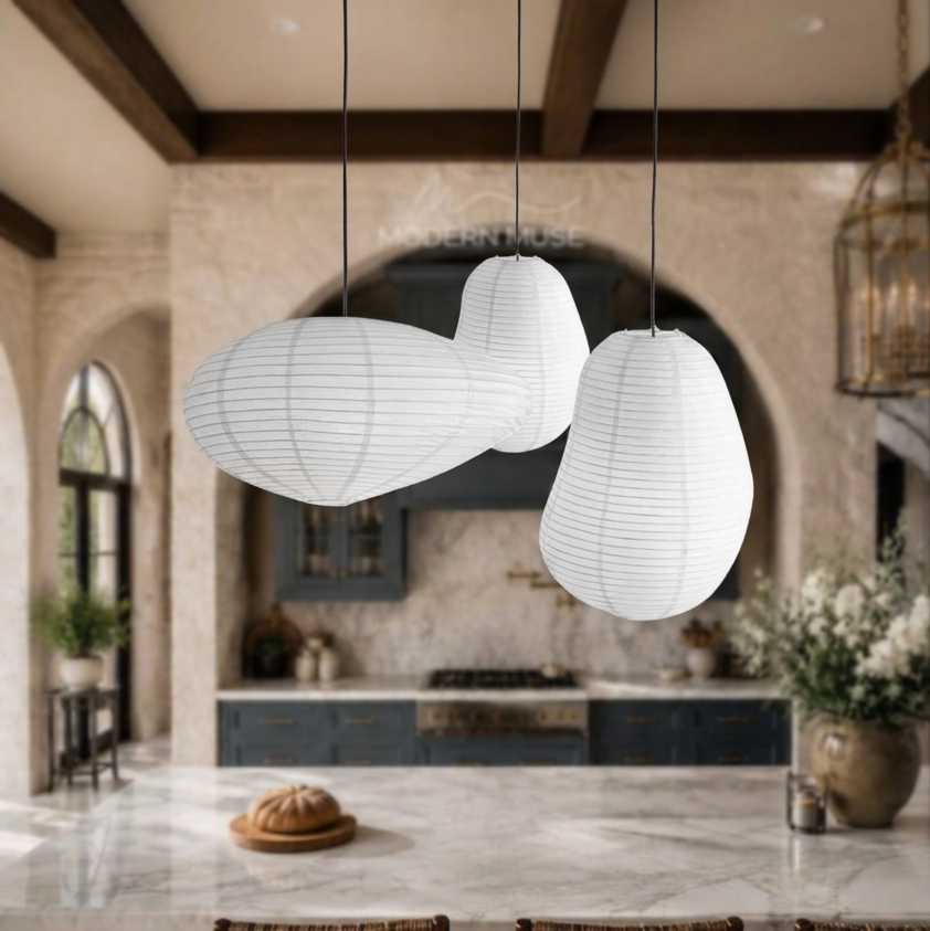 Large textured paper globe light for minimalist dining room
