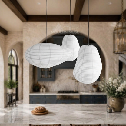 Large textured paper globe light for minimalist dining room