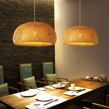 Large woven bamboo pendant light fixture for modern dining