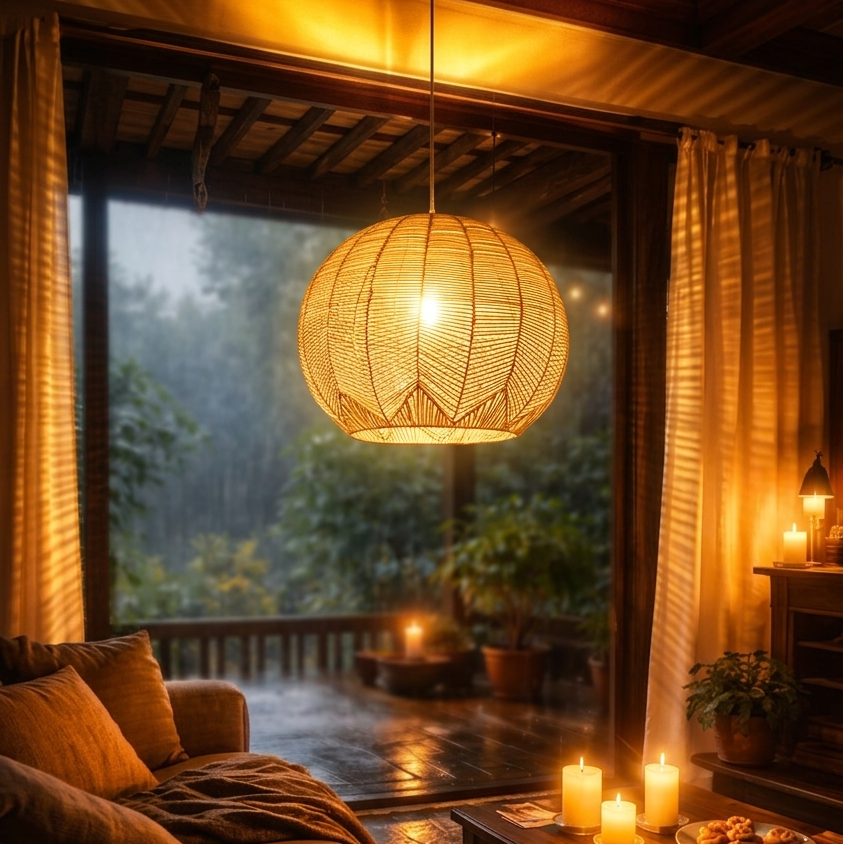Spacious living room featuring a large natural woven rattan pendant light fixture