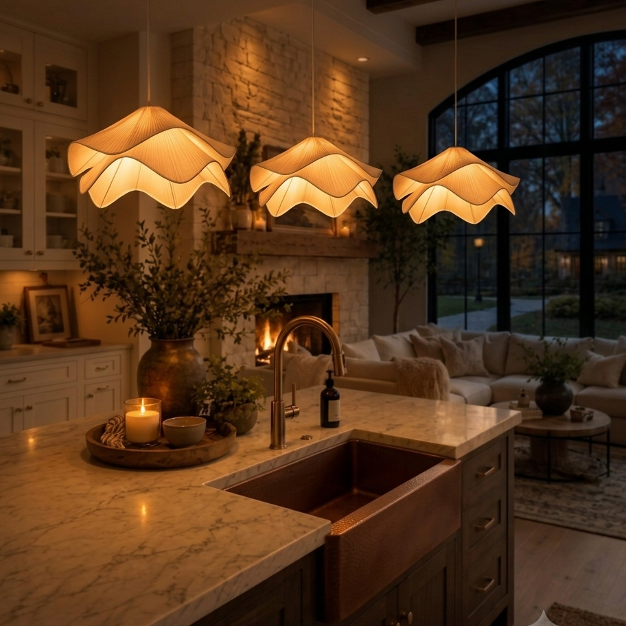 Soft layered fabric pendant light for kitchen island or breakfast bar