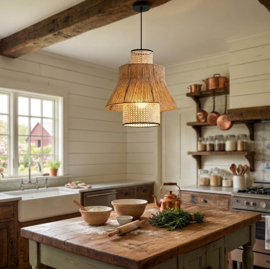 Handwoven rattan and jute layered pendant light over a modern kitchen island