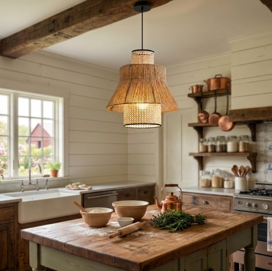 Handwoven rattan and jute layered pendant light over a modern kitchen island