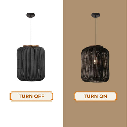 Mid-century modern woven pendant set in black finish styled with a tropical indoor plant leaf in the foreground.