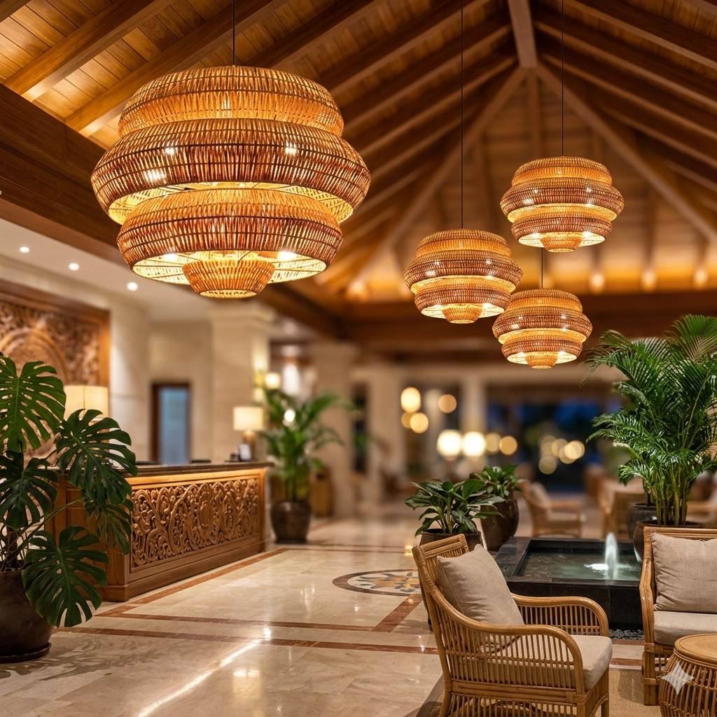 A tropical villa tiered bubble pendant light side-by-side view, showcasing a grand stacked silhouette perfect for an upscale island resort lounge or high-end coastal vacation home.