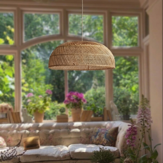Luxury handwoven rattan dome pendant light for a sophisticated living room