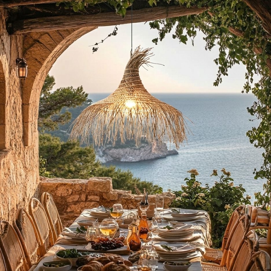 A Mediterranean coastal inspired rattan fringe pendant light, perfect for adding a sun-drenched villa aesthetic to any ceiling space.