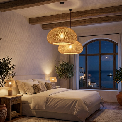 Artistic wicker pendant lamp, ideal ambient light for a serene bedroom.