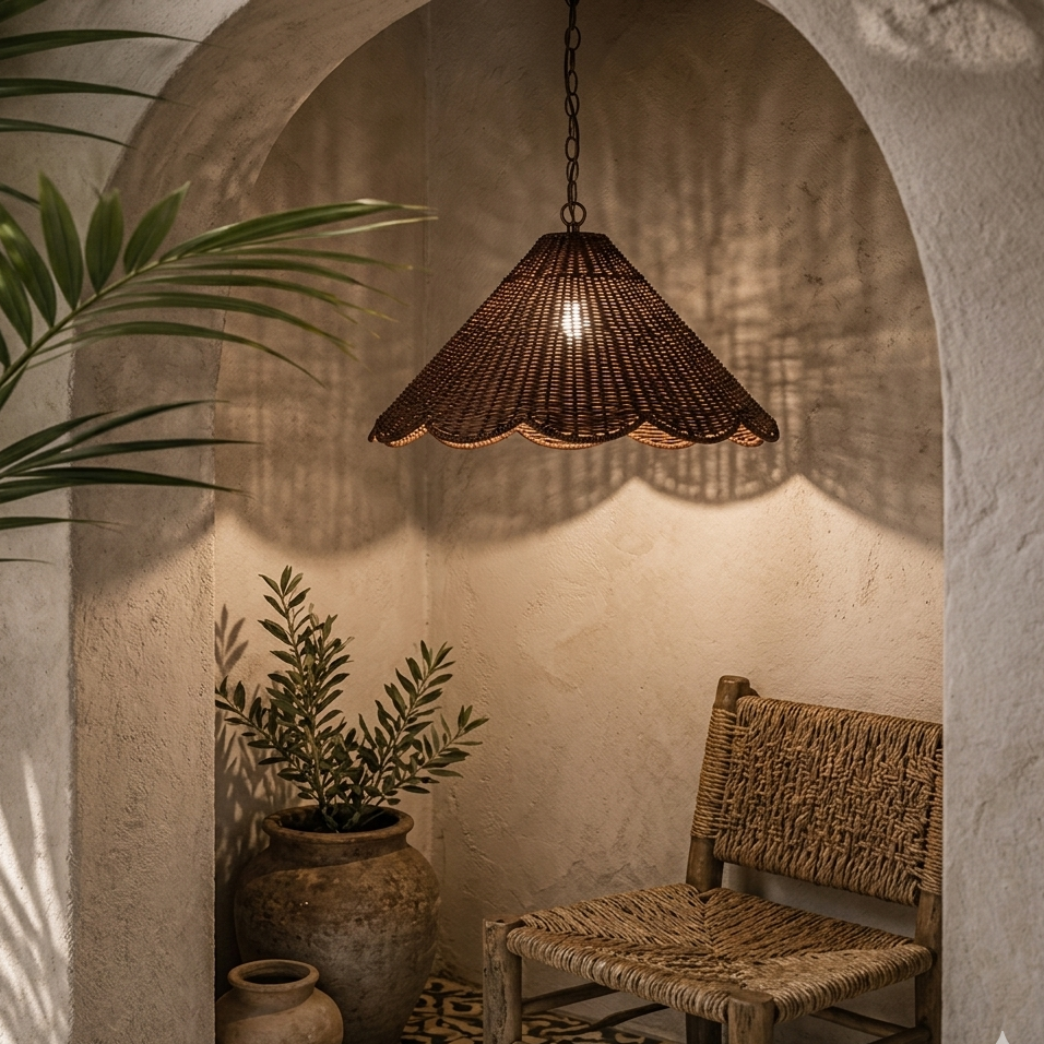 Bohemian texture rattan hanging fixture, adding an eclectic boho-chic vibe to stylish home interiors.