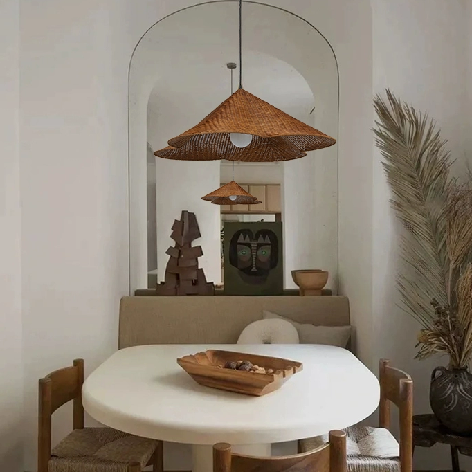 Mid-century inspired rattan wide lamp, combining retro texture with a clean and modern design form.
