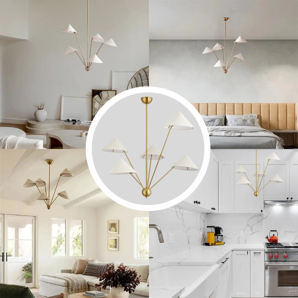 Stylish mid-century modern cone chandelier in a Scandinavian dining room