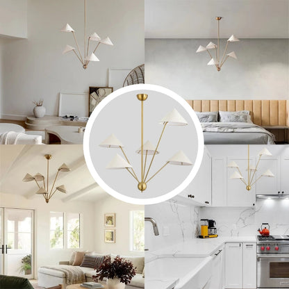 Stylish mid-century modern cone chandelier in a Scandinavian dining room