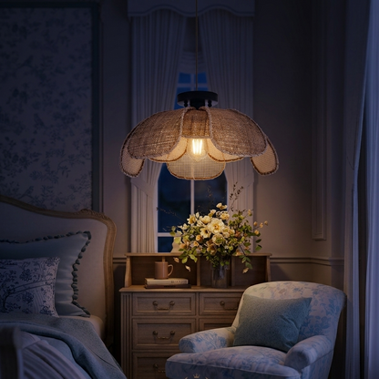 Mid-century organic ceiling fixture blending classic charm with modern natural rattan textures.