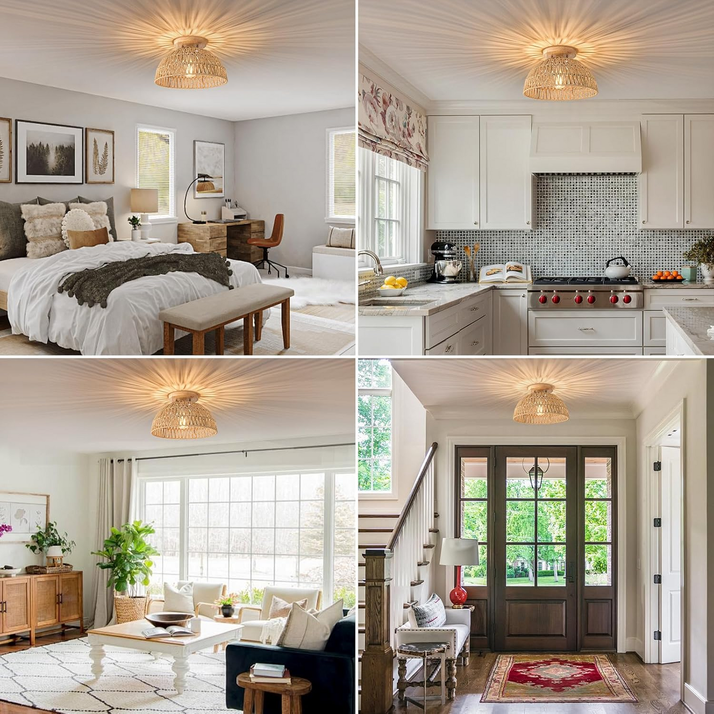 Mid-century organic ceiling fixture blending classic charm with modern natural rattan rope textures.