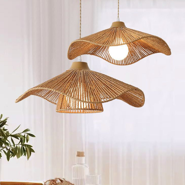 Mid-century organic hemp ceiling fixture blending classic charm with modern textures.