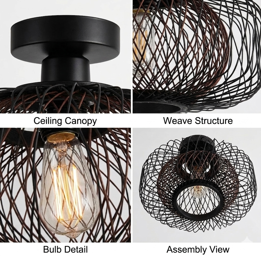 Minimalist black rattan flush mount ceiling lamp providing a sleek aesthetic look.