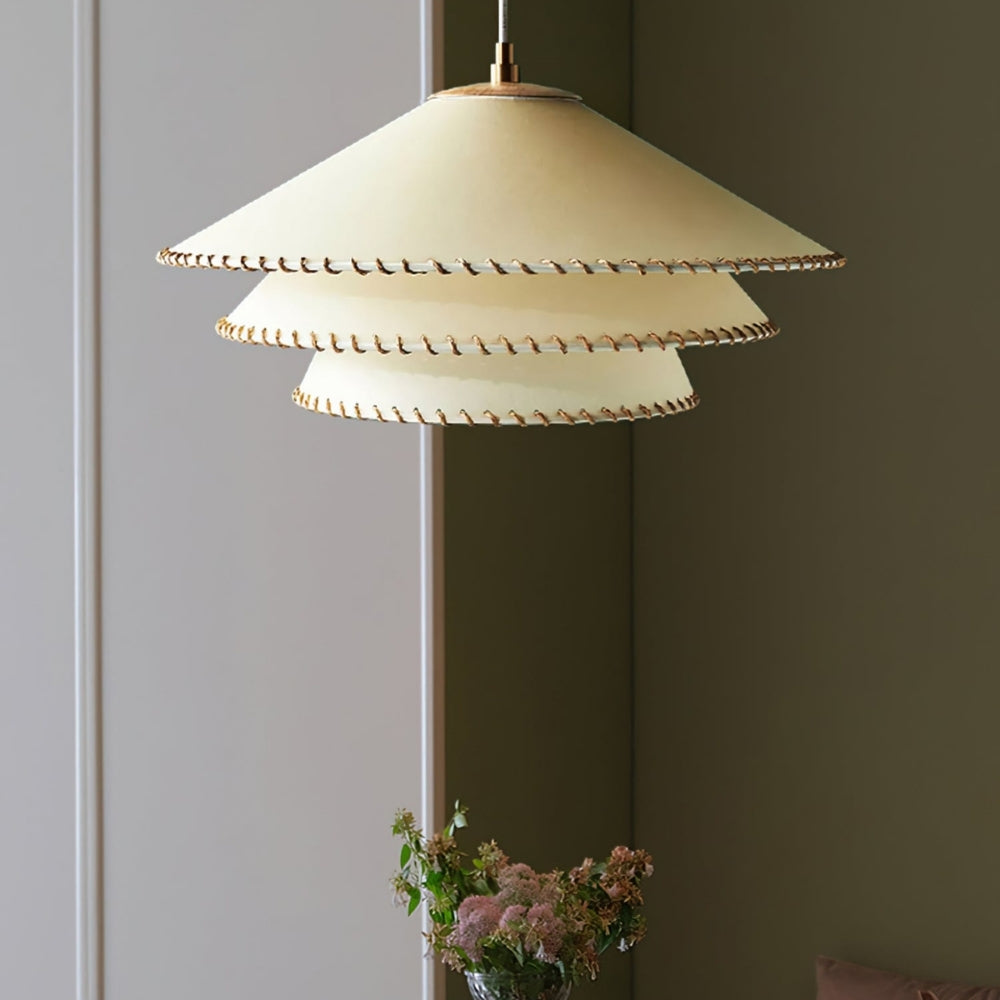 Minimalist Japandi layered pendant lamp with artisanal stitching details